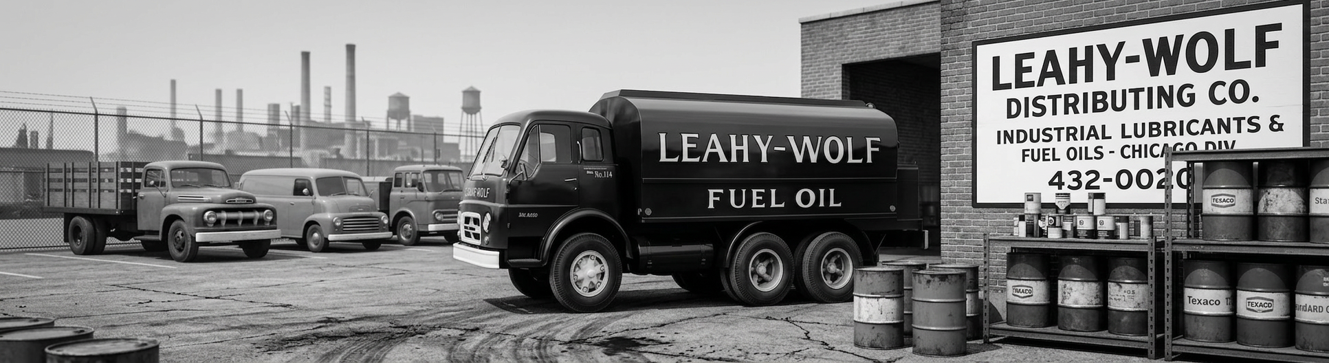 Vintage Leahy-Wolf Distributing Co. facility with fuel oil delivery truck