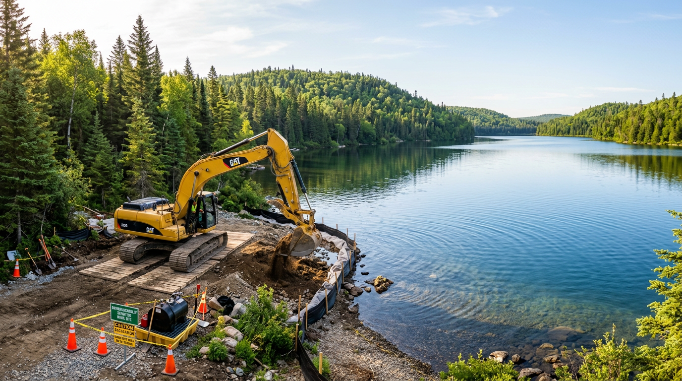 Excavator working beside a lake shoreline