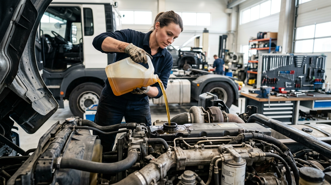 Mechanic pouring motor oil into a diesel engine