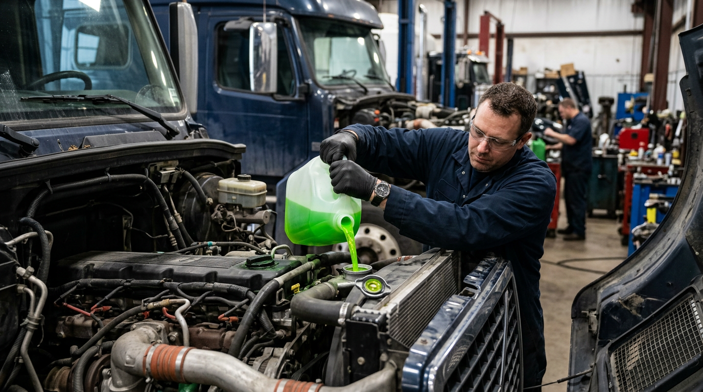 Technician filling a heavy-duty truck radiator with green coolant