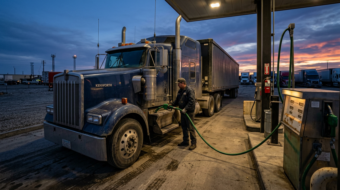 Diesel nozzle refueling a heavy-duty truck at a fuel island