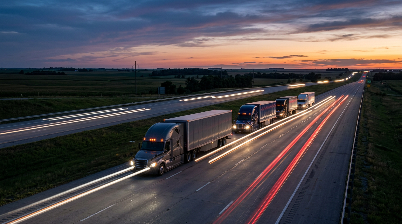 Semi trucks driving on a highway at dusk