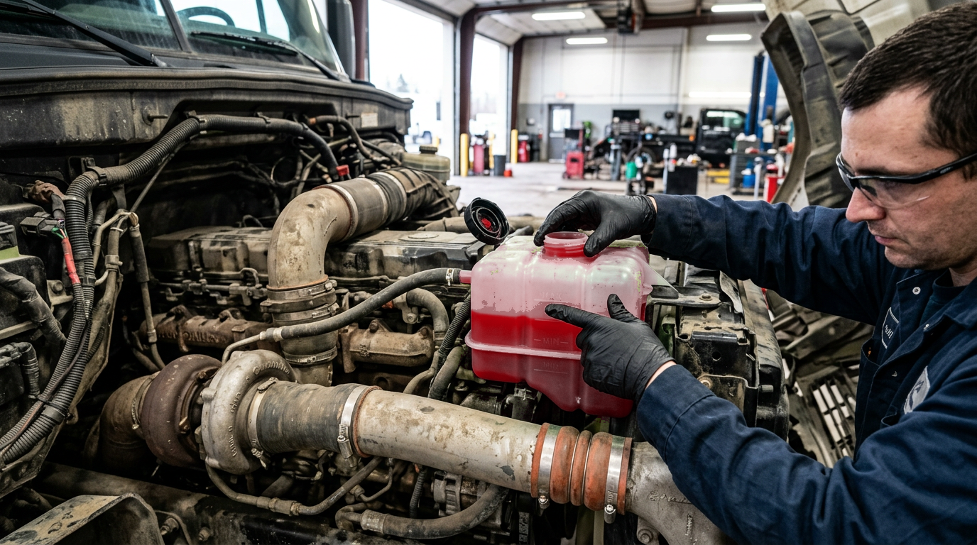 Technician checking coolant in a heavy-duty truck engine
