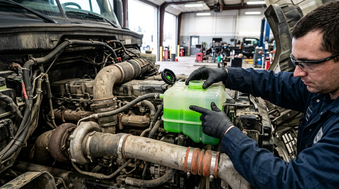 Technician checking coolant in a heavy-duty truck engine