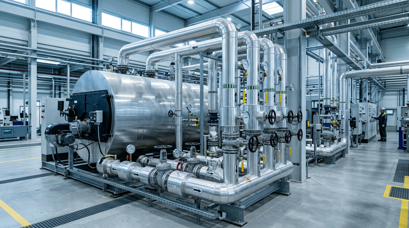 Industrial thermal oil heater with insulated pipes