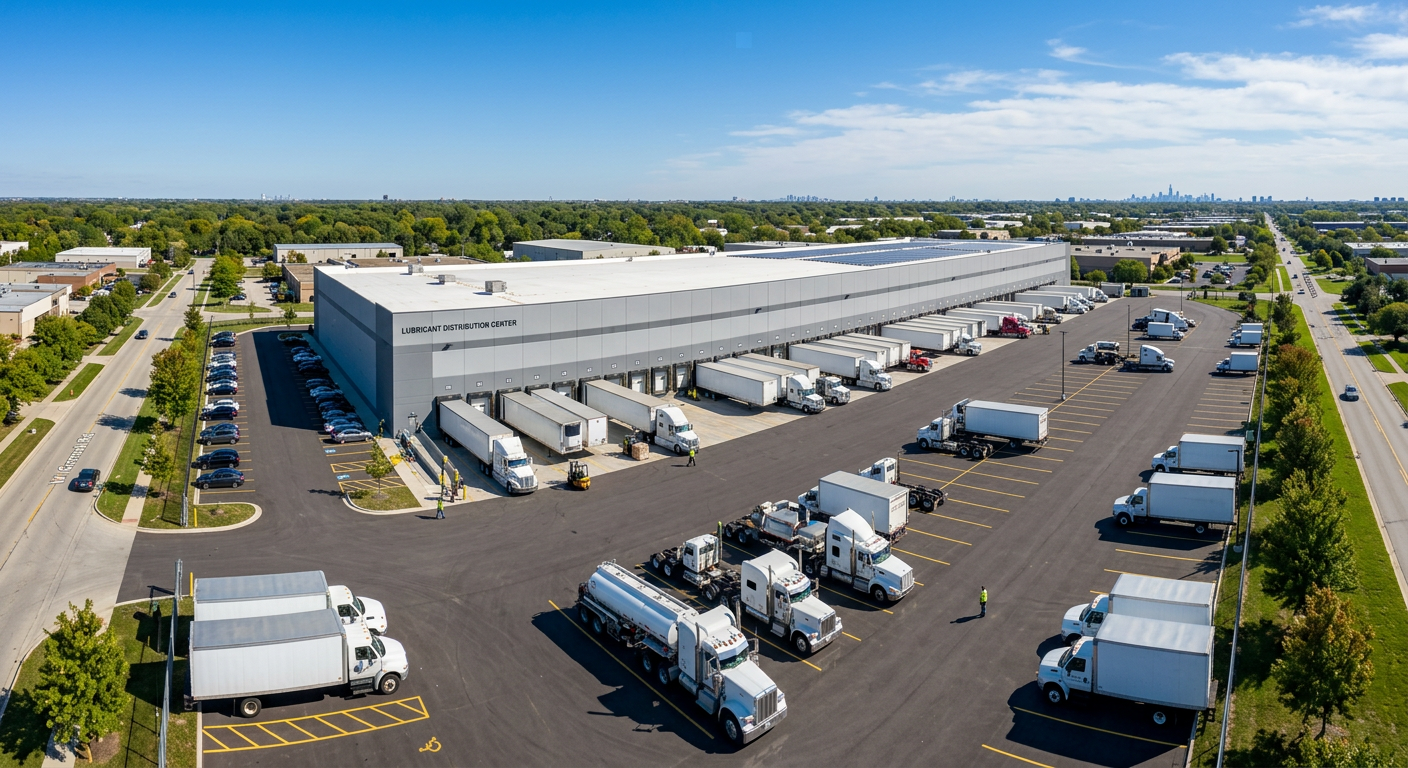 Distribution warehouse with delivery trucks at the loading docks