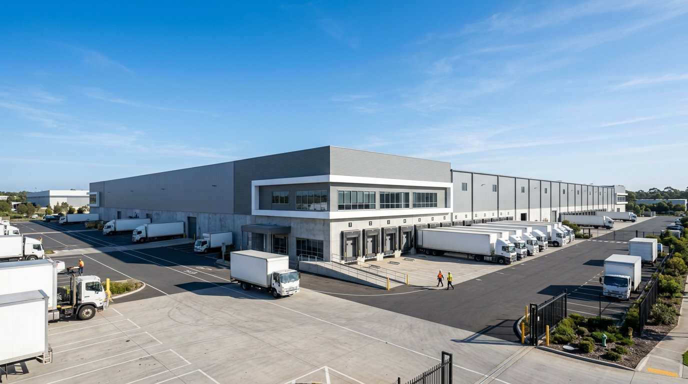 Distribution warehouse with delivery trucks at the loading docks