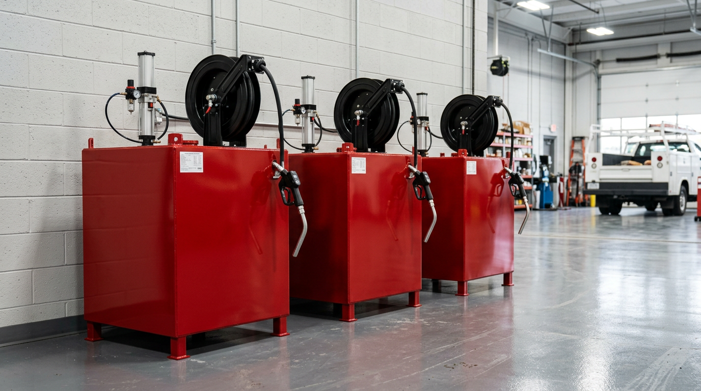 Lube room with color-coded hose reels, bulk oil tanks with piston pumps, drums, and an IBC tote on spill containment