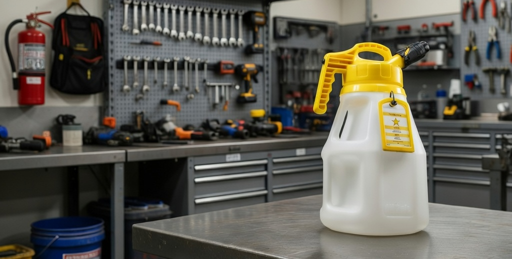 Oil Safe transfer container in a maintenance shop