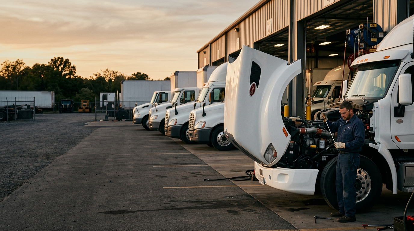 Heavy duty semi-truck in fleet service maintenance bay