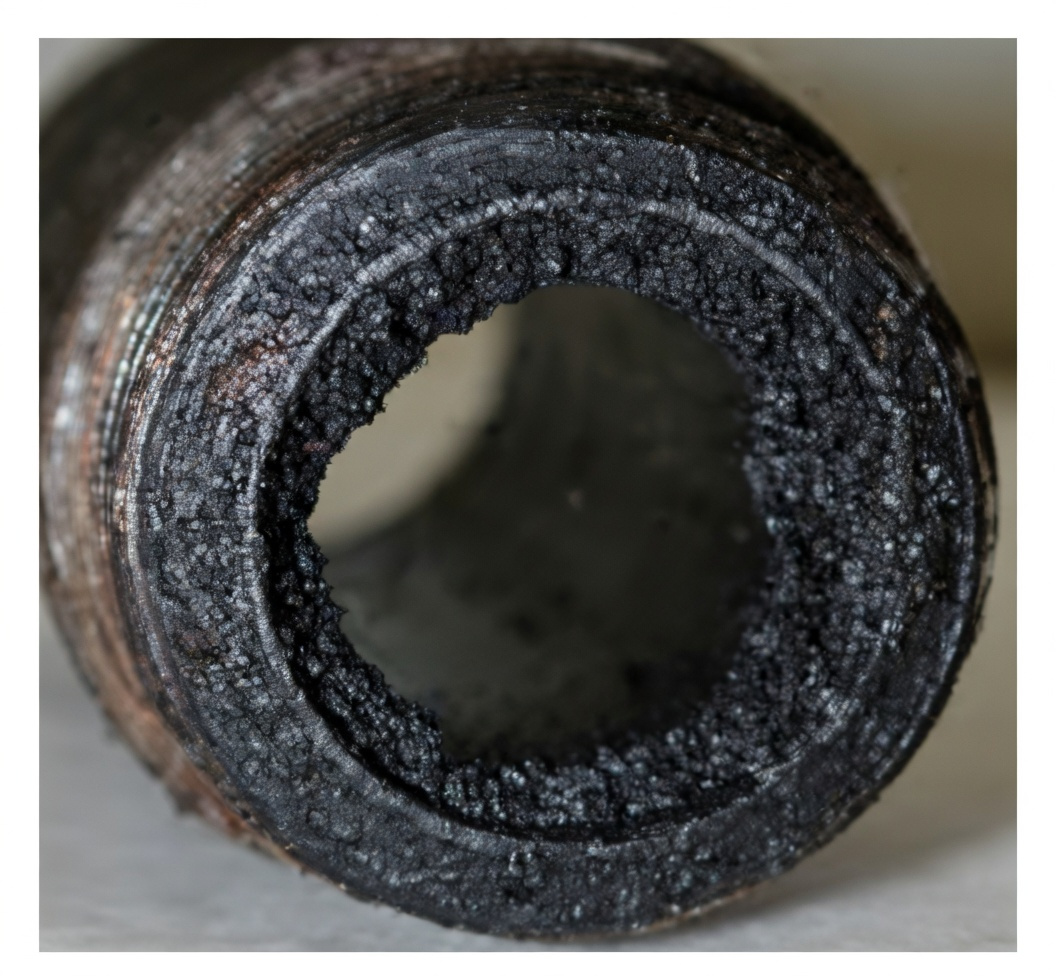 Cross-section of a heat transfer pipe showing severe carbon and coke buildup restricting flow