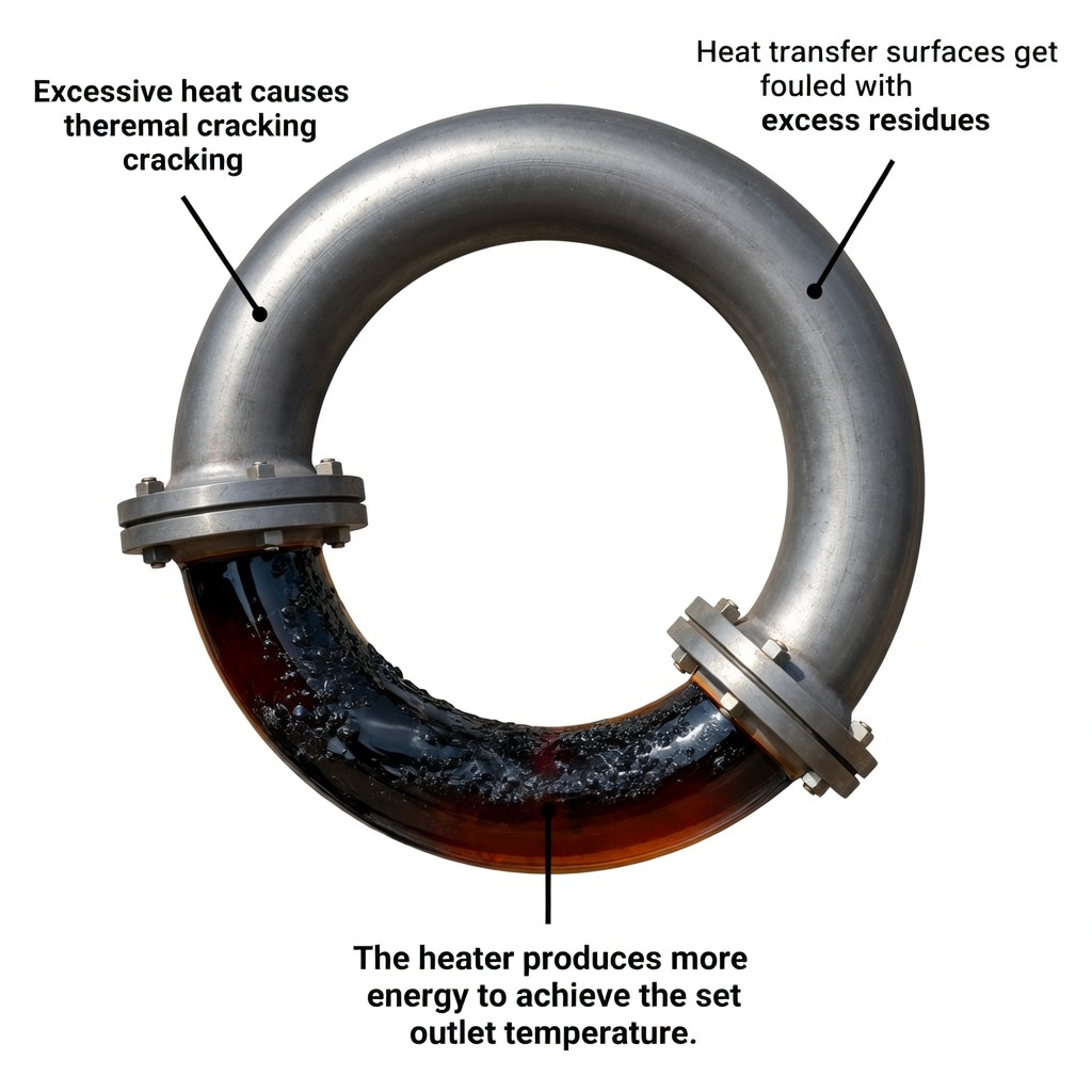 Diagram of heat transfer fluid degradation: excessive heat causes thermal cracking, surfaces foul with residue, and the heater must produce more energy