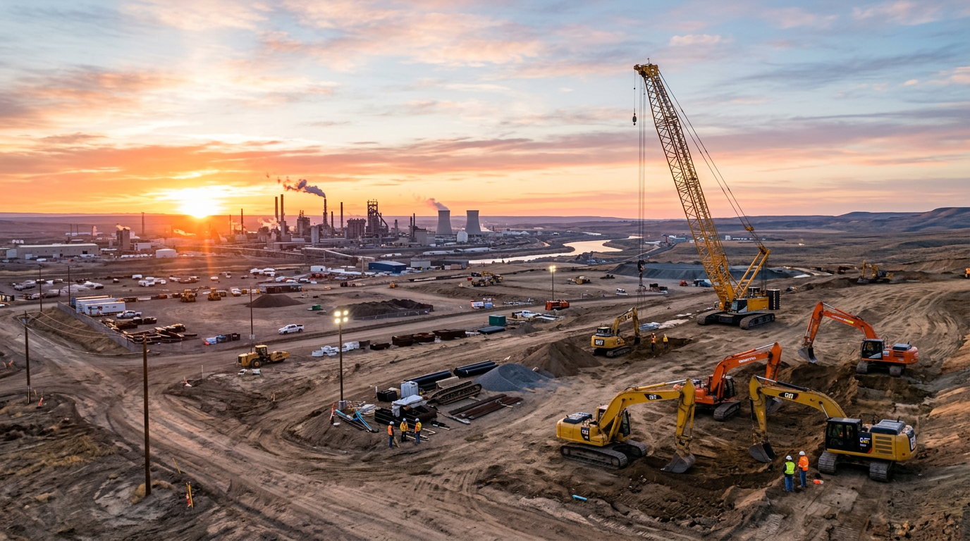 Construction and industrial site at sunrise