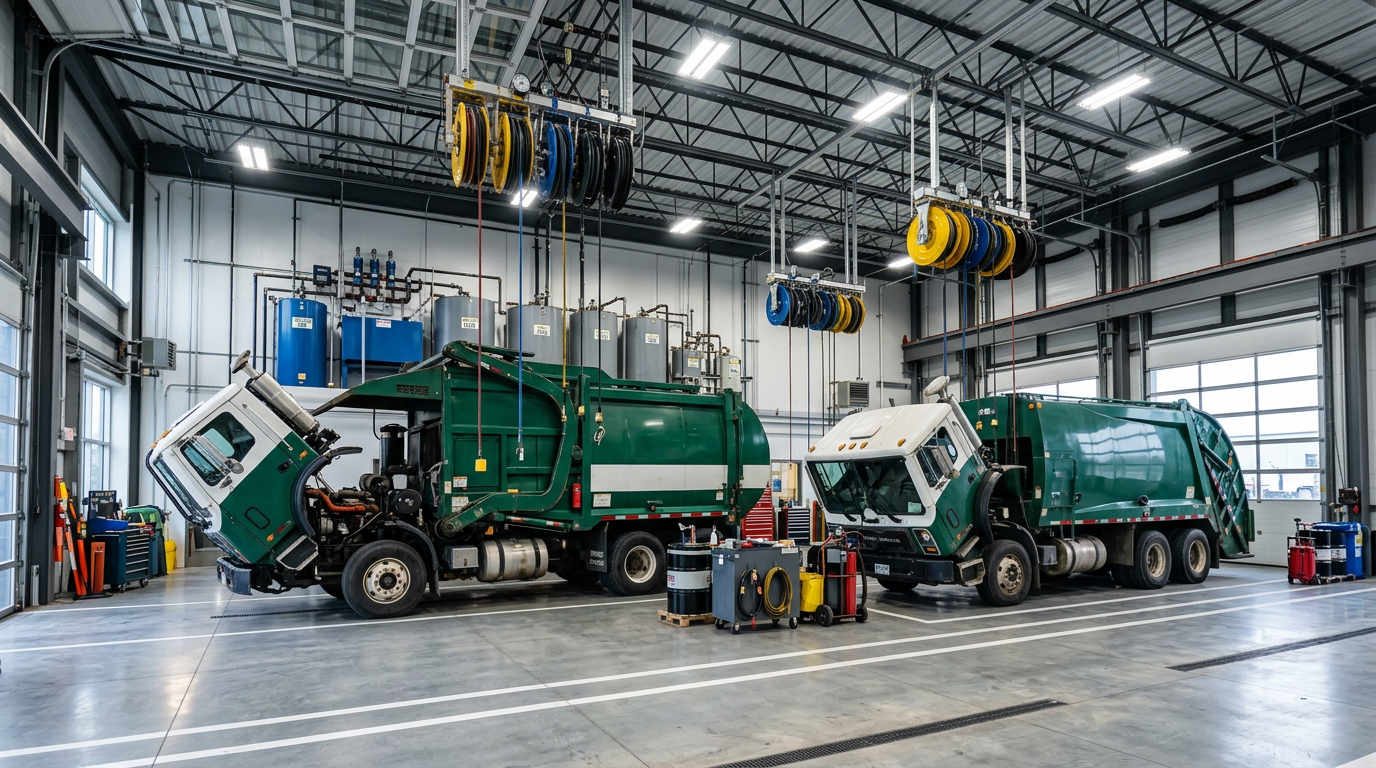 Refuse trucks in a maintenance garage with overhead oil hose reels and bulk lubricant tanks