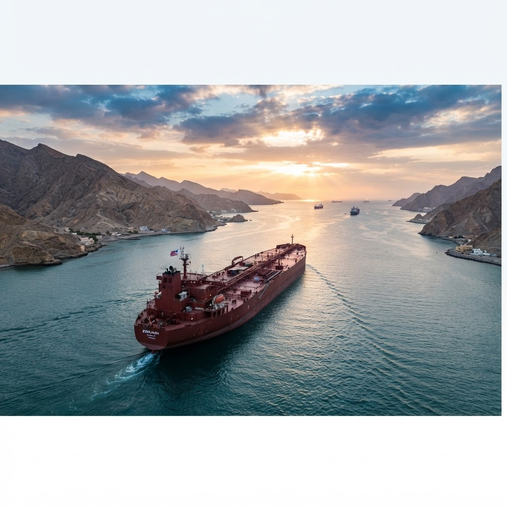 An oil tanker sailing through the Strait of Hormuz at dawn, symbolizing the reopening of shipping lanes and the road to lubricant market recovery