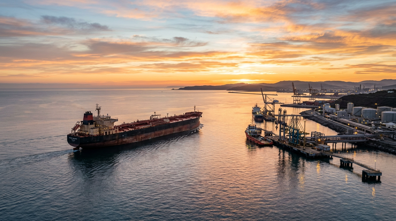 Oil tanker passing a port terminal at sunrise