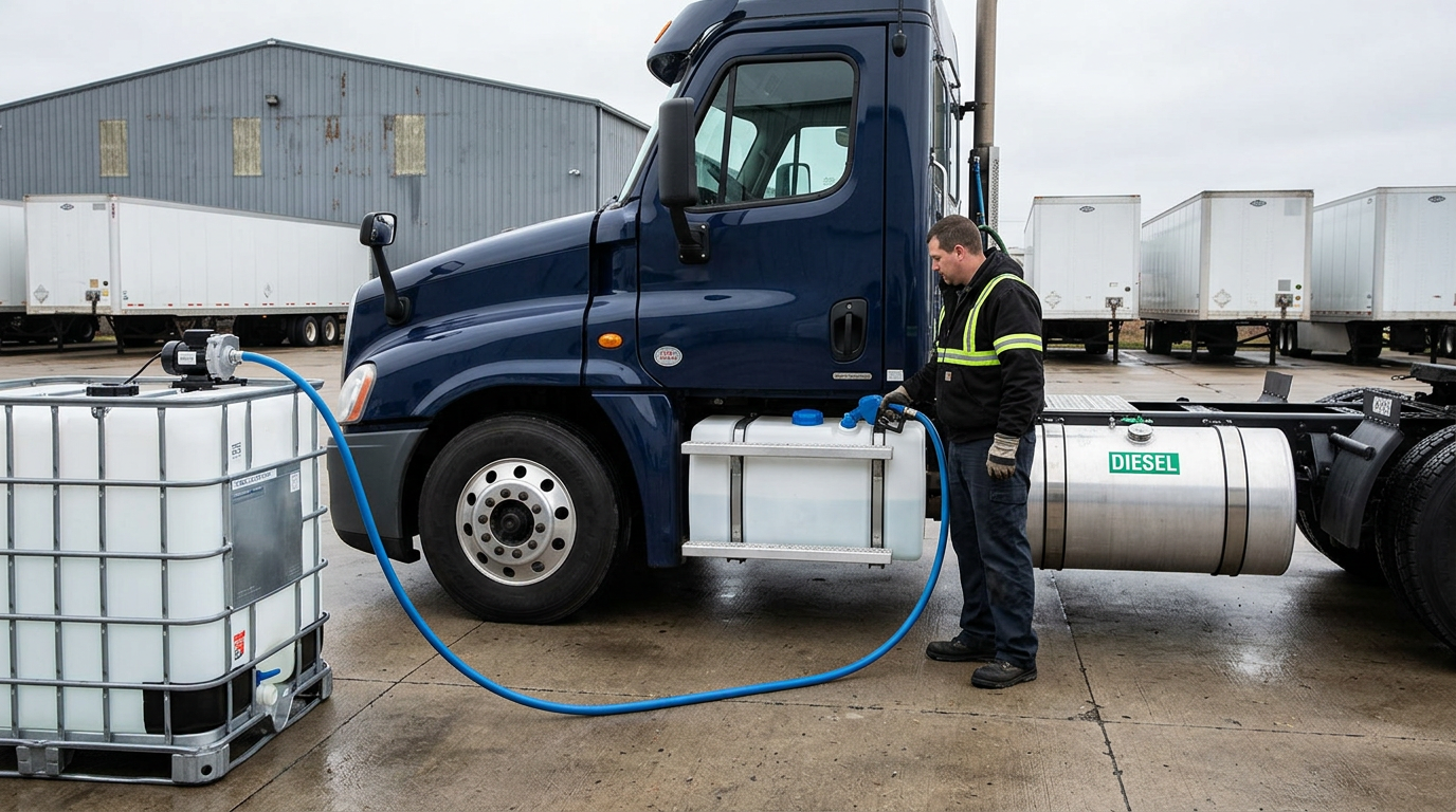 Filling a semi truck diesel exhaust fluid tank