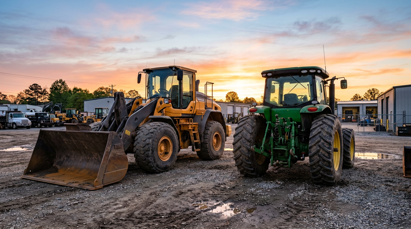 Wheel loader and tractor in an equipment yard