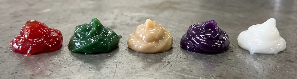 Variety of industrial greases in different colors - red, green, tan, purple, and white - representing different formulations for various applications