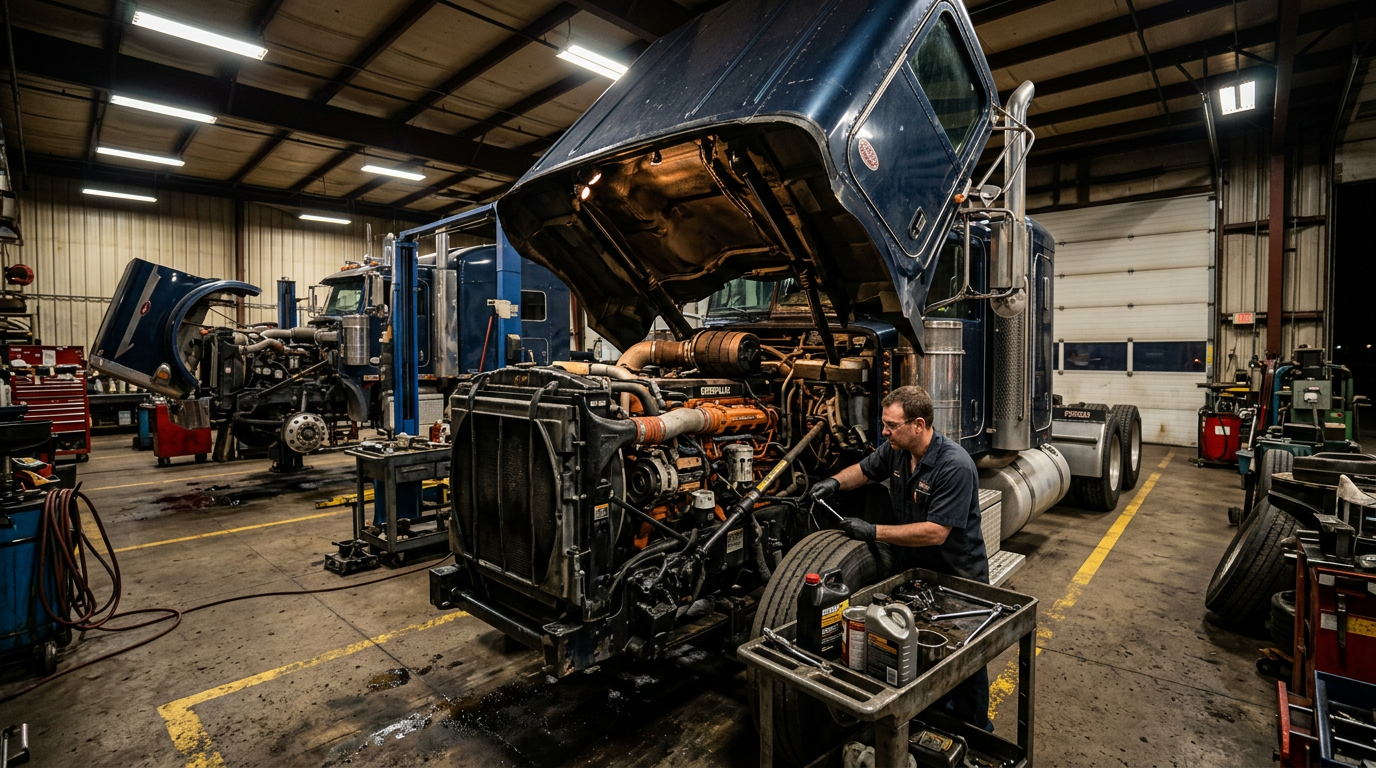 Heavy-duty diesel engine in a truck service bay