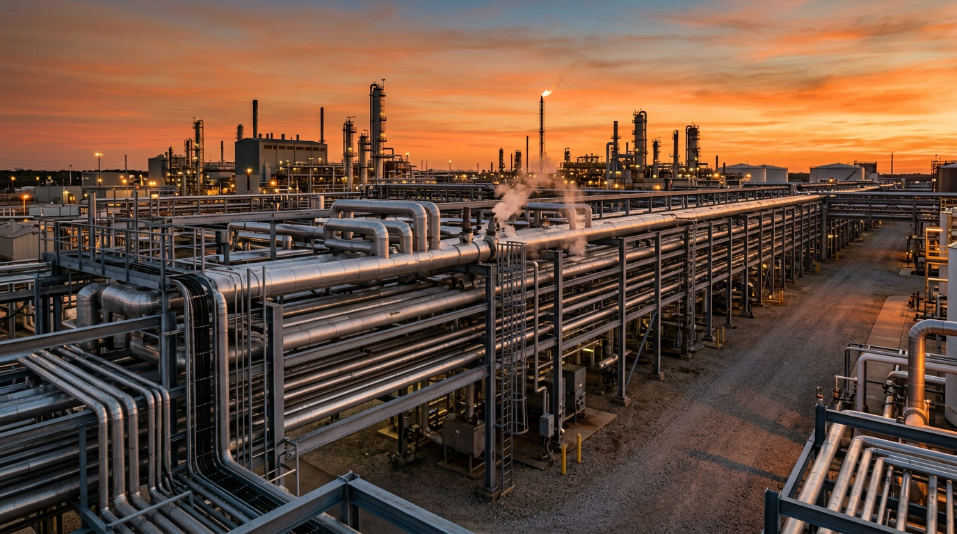 Insulated process pipe racks at a plant at dusk