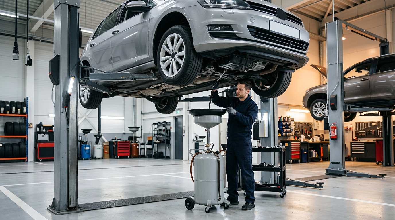 Passenger car on a lift during an oil change