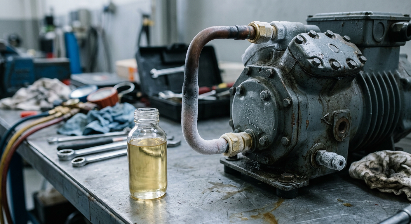Sample of refrigeration compressor oil beside a refrigeration compressor