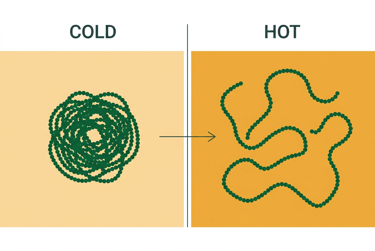 Viscosity modifier polymer: tightly coiled in cold oil, uncoiled and expanded in hot oil