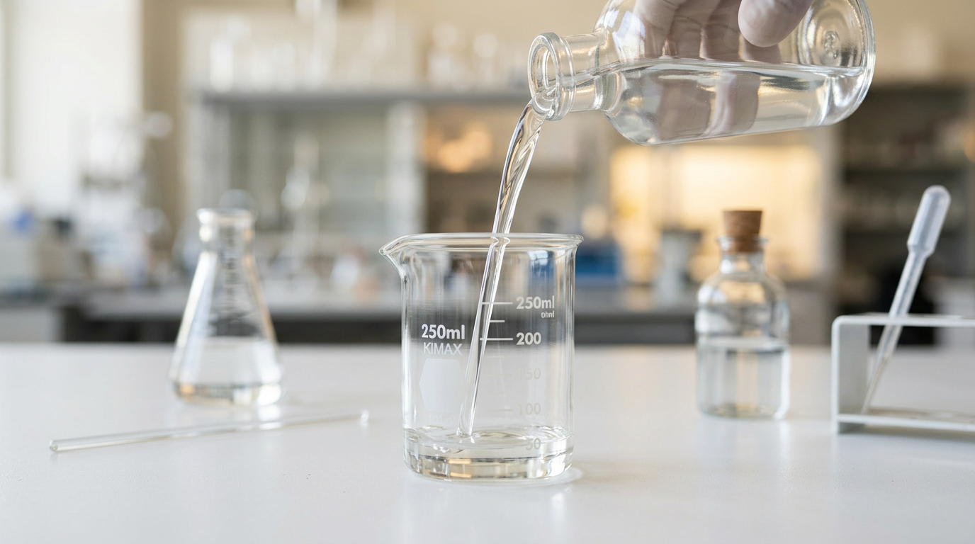 Clear mineral oil poured into a laboratory beaker