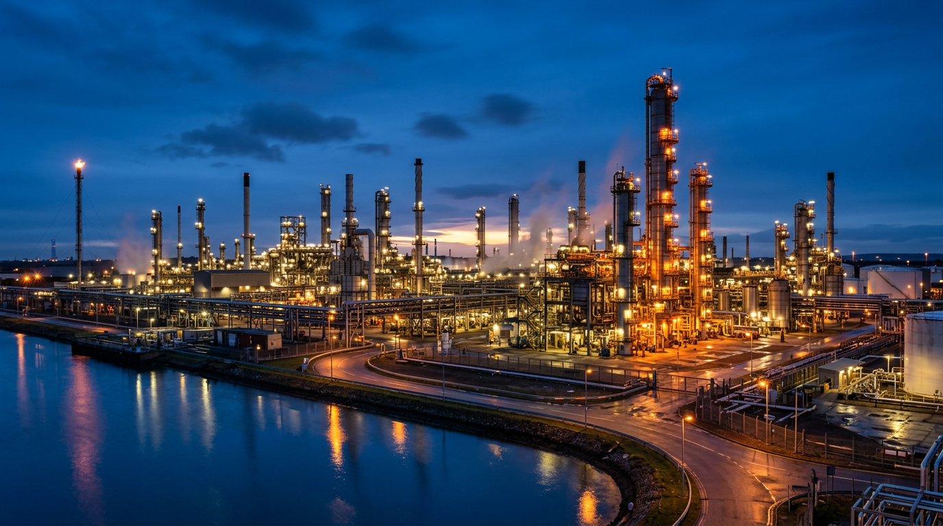 Oil refinery distillation towers at blue hour