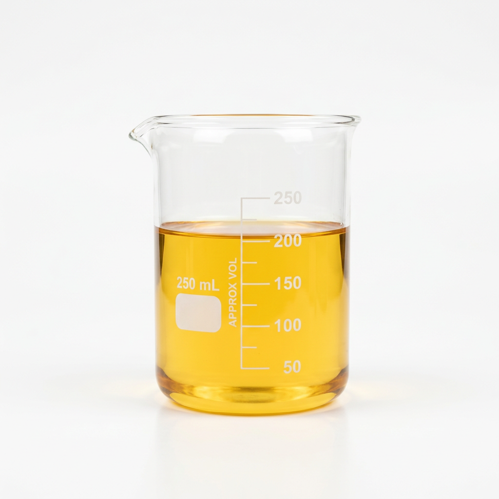 Laboratory beaker of Group I solvent-refined base oil showing a distinct golden-yellow color