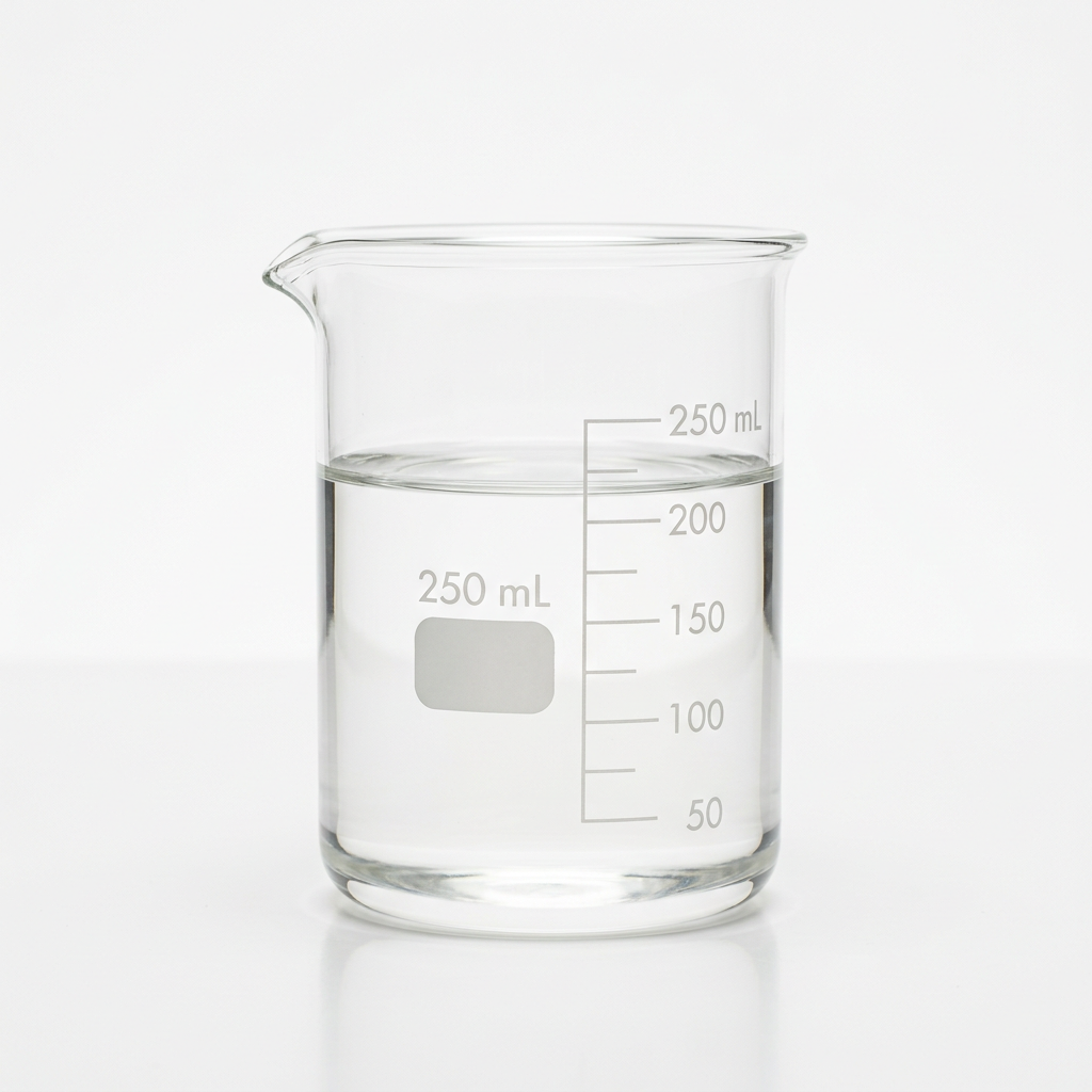 Laboratory beaker of Group II hydrotreated base oil that is clear and colorless like water