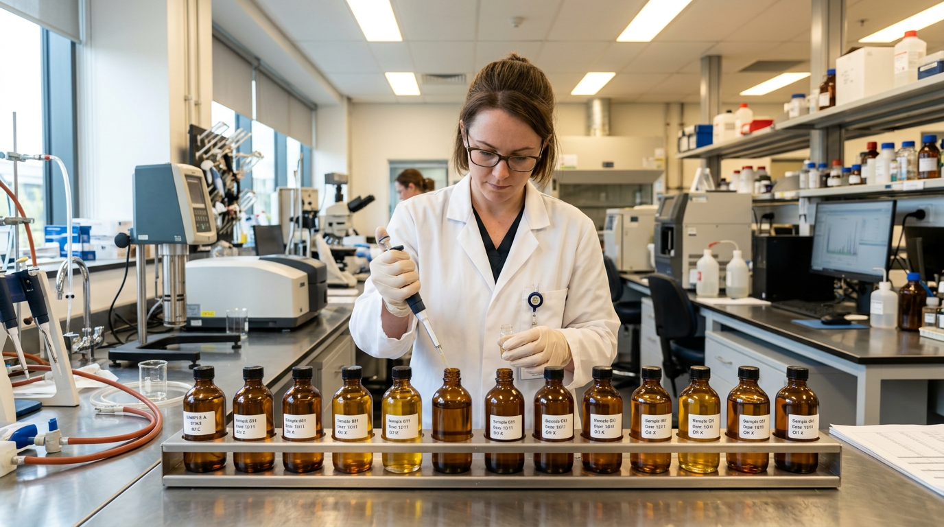 Lab technician examining oil sample bottles