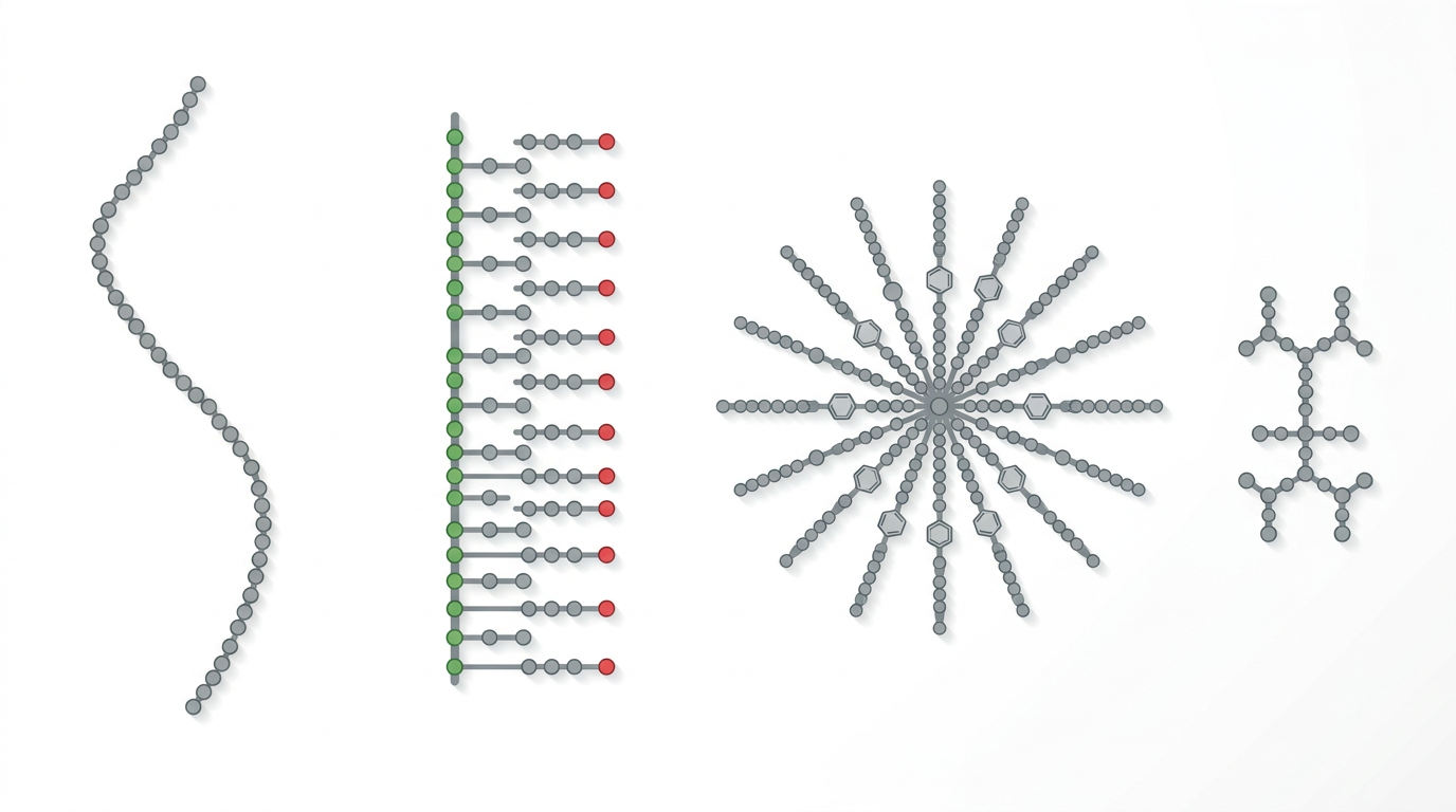 Four polymer shapes: a long linear olefin copolymer chain, a comb-shaped polymethacrylate, a star-shaped hydrogenated styrene-diene, and a short branched polyisobutylene