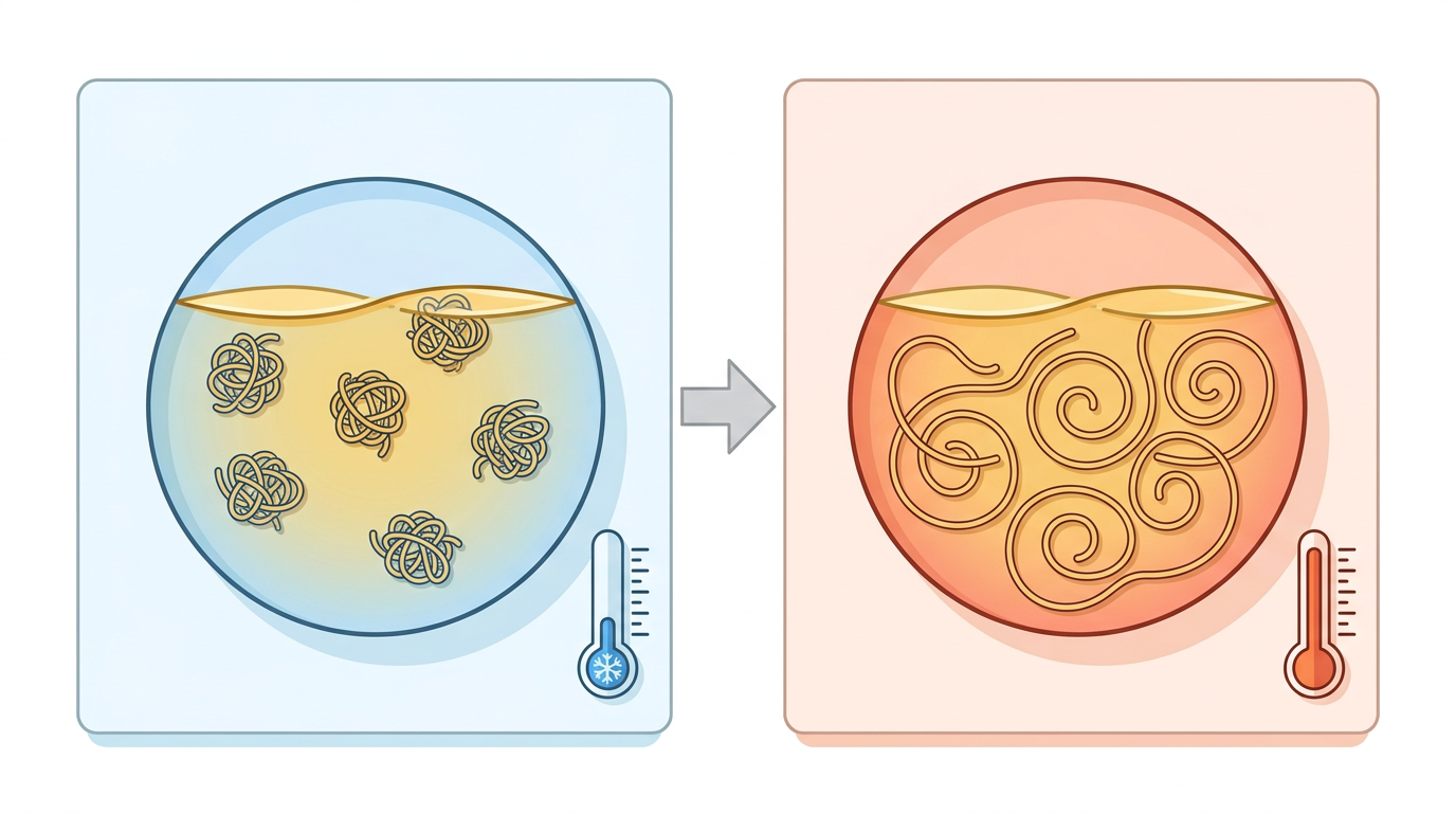 Polymer chains tightly coiled in cold oil on the left, then uncoiled and expanded in hot oil on the right