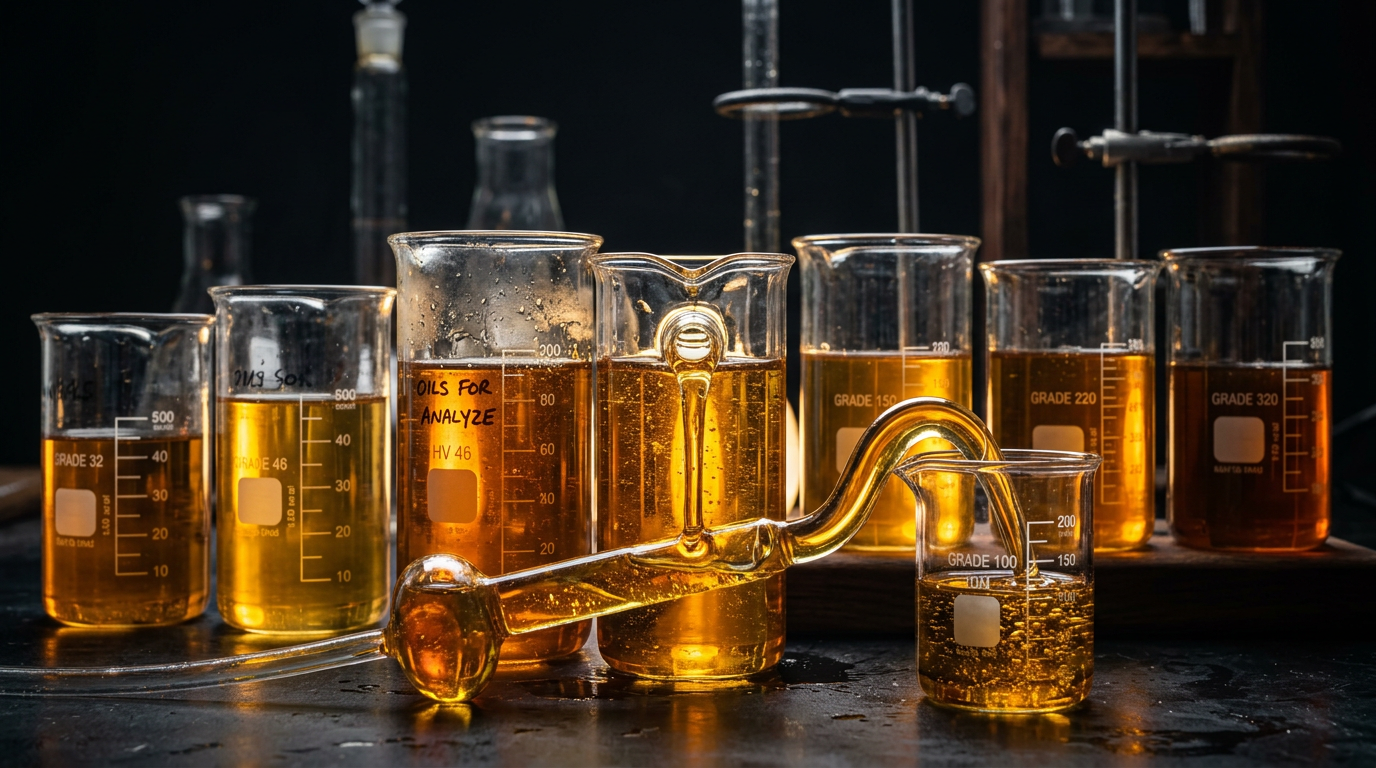 Golden lubricating oil flowing between glass beakers
