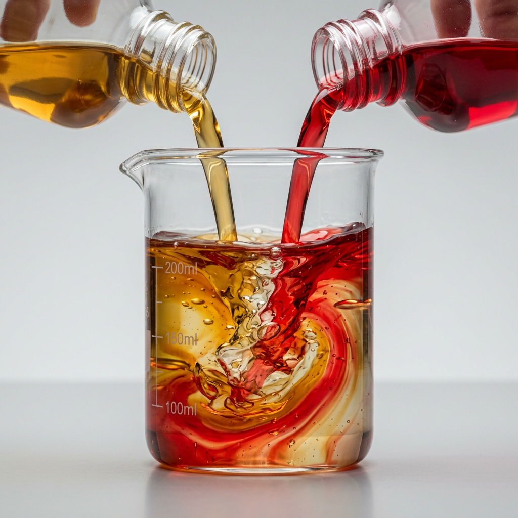 Two lubricants mixing in a beaker
