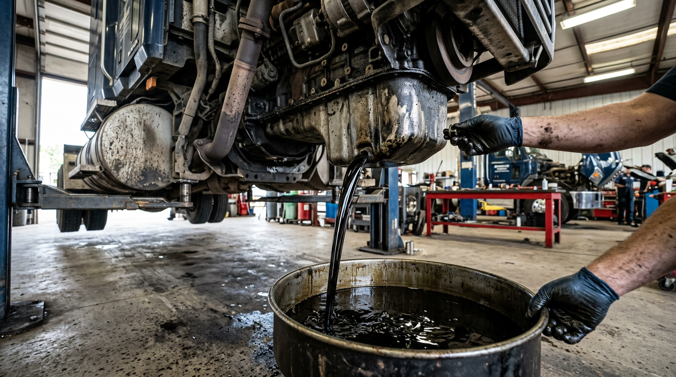 Used engine oil draining into a drain pan