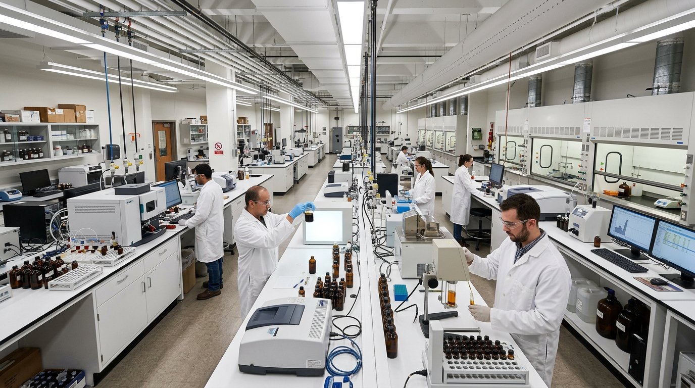 Wide view of an oil analysis laboratory with technicians in white lab coats examining lubricant samples in beakers