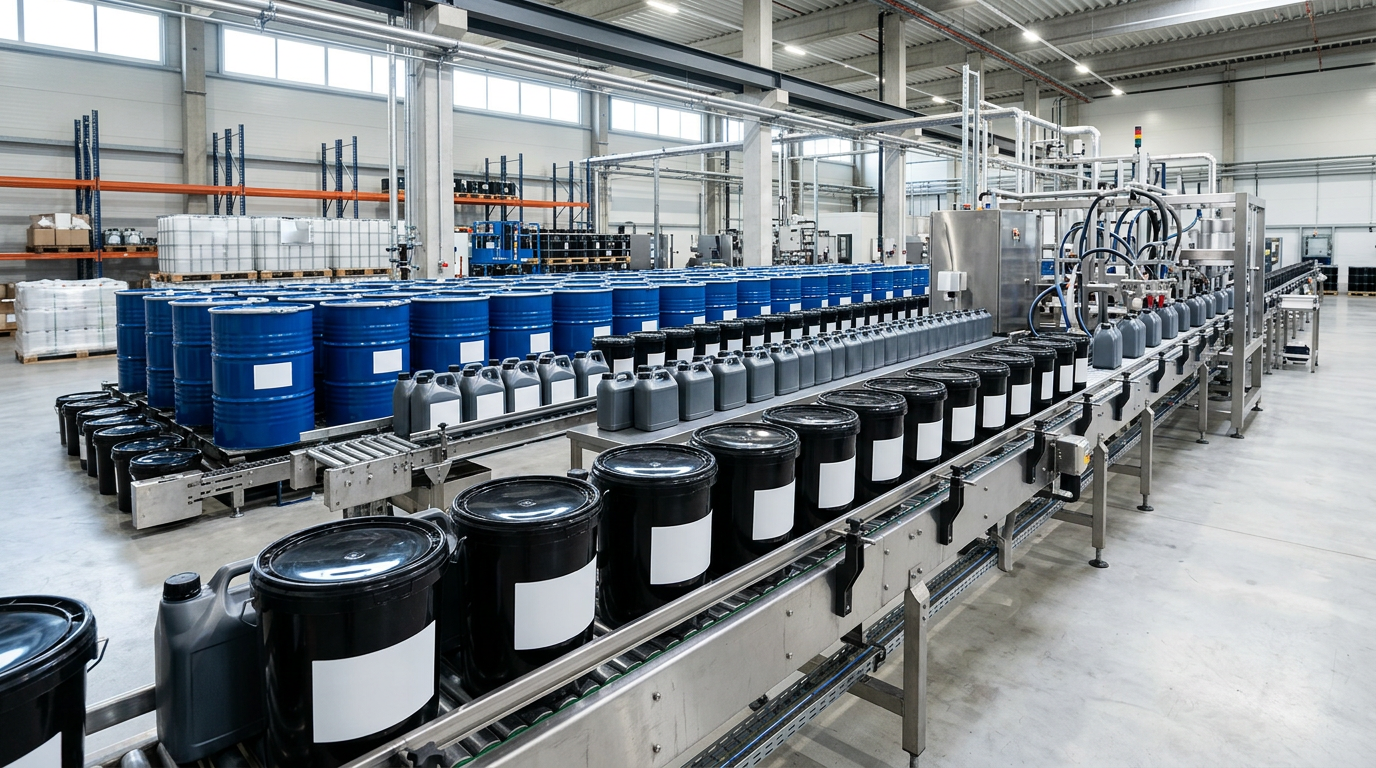 Blank-labeled lubricant pails and drums on a packaging line