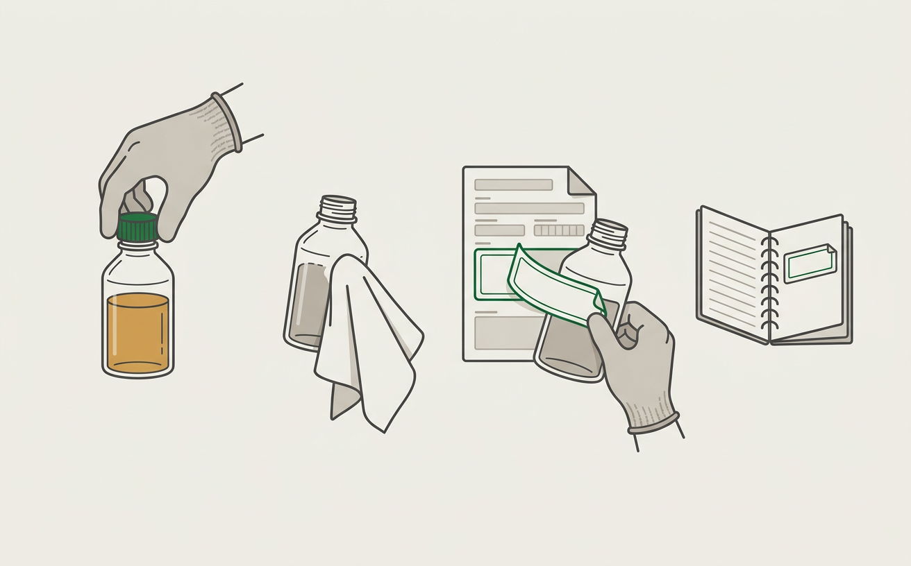 Illustration: capping and wiping the sample bottle, applying the sample label, and sticking the tracking label in the asset log booklet