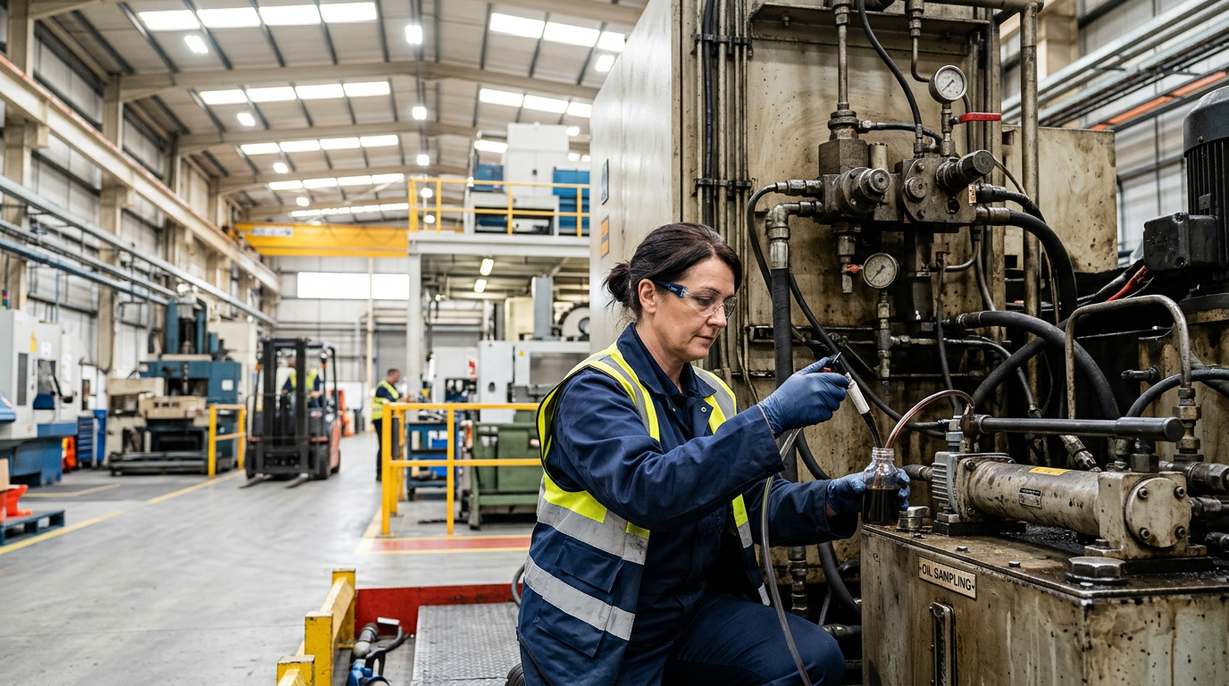 Lubrication technician taking an oil sample from equipment