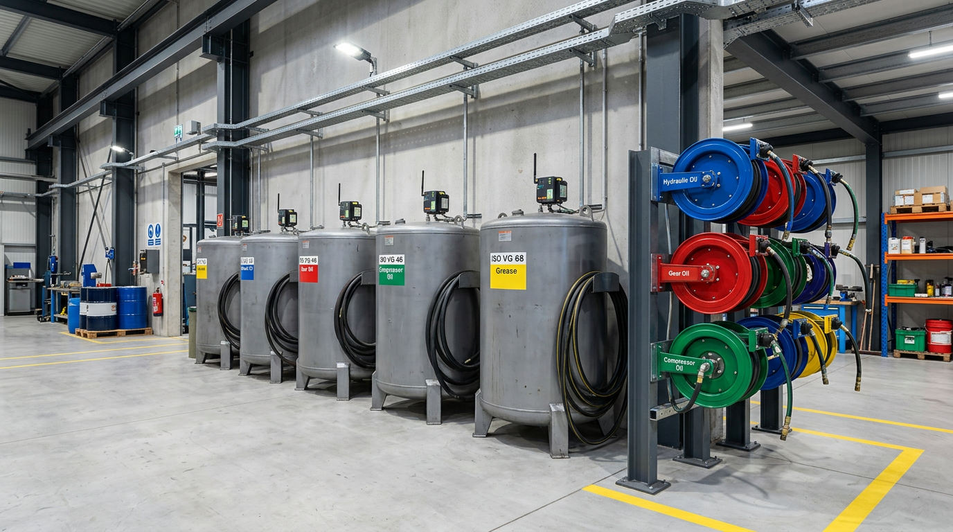 Lube room with bulk oil tanks and a level sensor