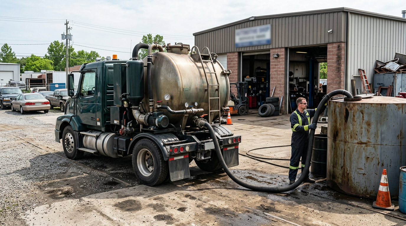Vacuum truck collecting used oil behind a repair shop