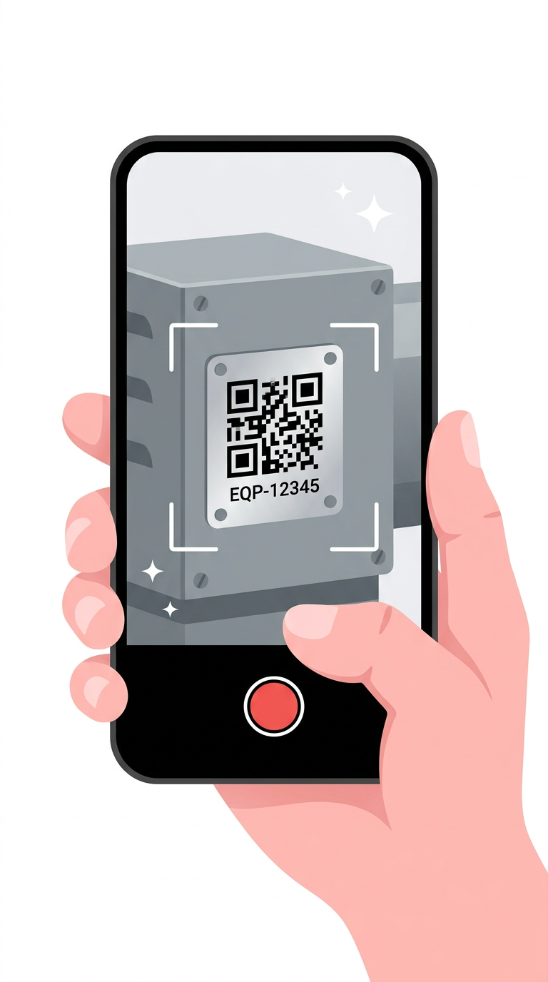 Hand holding a smartphone, photographing the QR code asset tag on a piece of equipment with the WearCheck mobile app