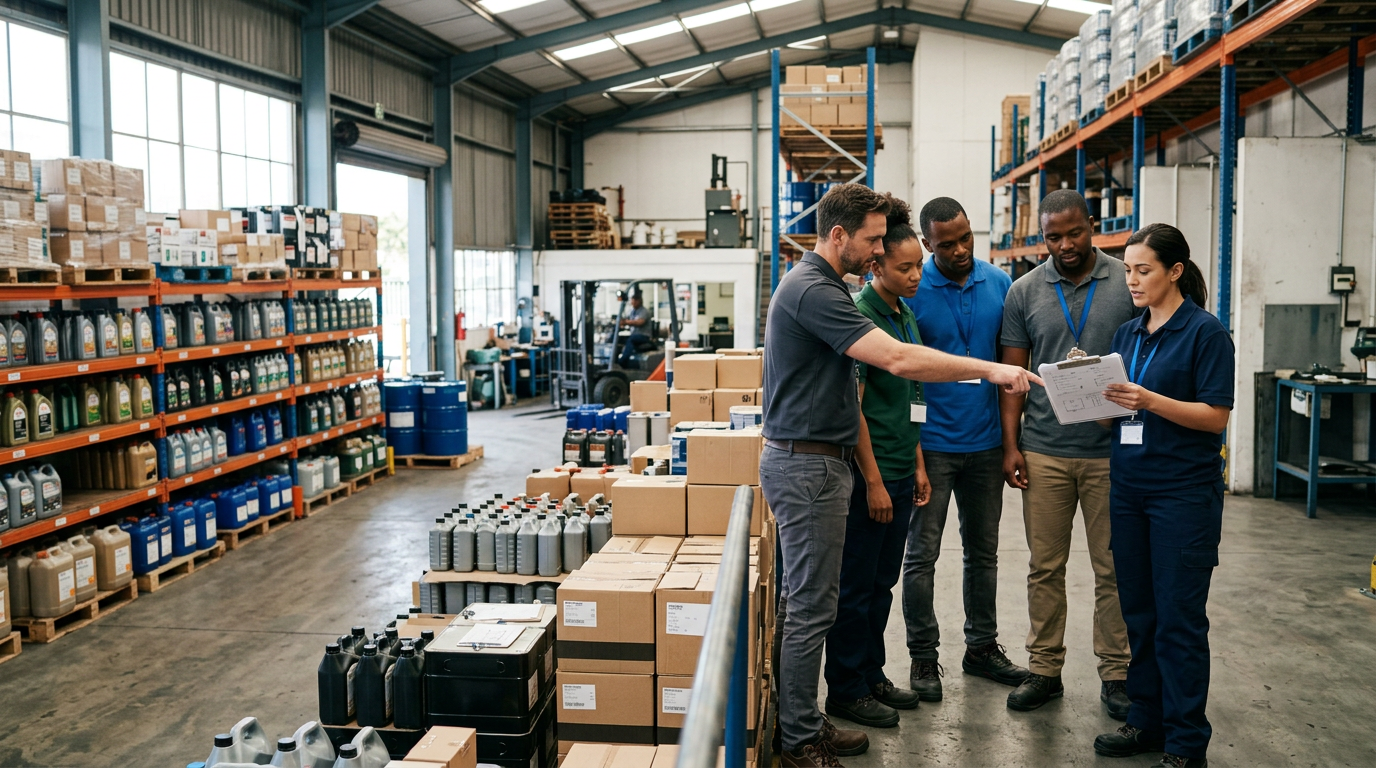 Leahy-Wolf team reviewing a clipboard in the warehouse